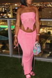 Pink Sexy Solid Bandage Hollowed Out Patchwork Backless Asymmetrical Strapless Sleeveless Two Pieces