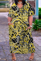 Black Yellow Casual Print Patchwork V Neck Short Sleeve Dress