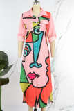 Light Pink Casual Street Print Patchwork Buckle Turndown Collar Shirt Dress Dresses
