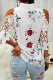 White Casual Print Hollowed Out V Neck T-Shirts