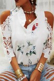 White Casual Print Hollowed Out V Neck T-Shirts
