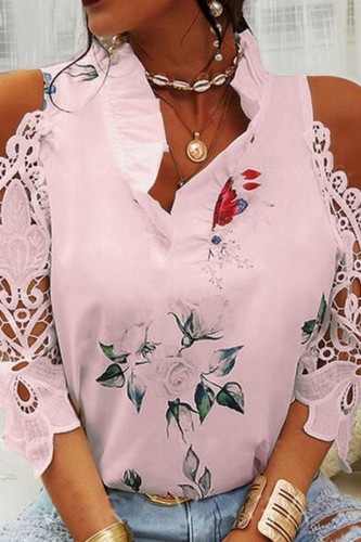 Pink Casual Print Hollowed Out V Neck T-Shirts