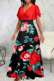 Red Casual Print Patchwork V Neck Straight Dresses