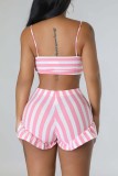 Pink Sexy Casual Striped Print Backless Spaghetti Strap Sleeveless Two Pieces