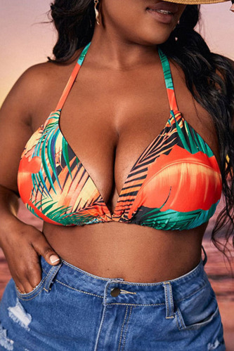 Orange Sexy Print Bandage Patchwork Halter Plus Size Swimwear