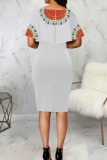 White Casual College Print Patchwork O Neck One Step Skirt Dresses