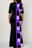 Purple Casual Plaid Print Patchwork V Neck Straight Dresses