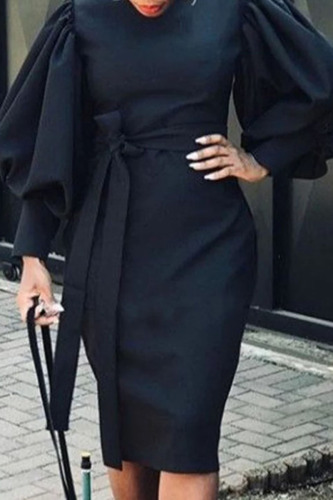 Black Casual Solid Bandage Patchwork O Neck One Step Skirt Dresses