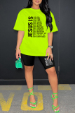 Fluorescent Green Casual Letter Print Basic O Neck Short Sleeve Two Pieces