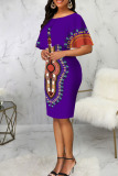 Purple Casual College Print Patchwork O Neck One Step Skirt Dresses