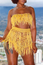 Yellow Sexy Solid Tassel Bandage Backless Swimwears