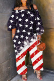 Camouflage Casual Flag Stars Print Off The Shoulder Long Sleeve Wide Leg Jumpsuit
