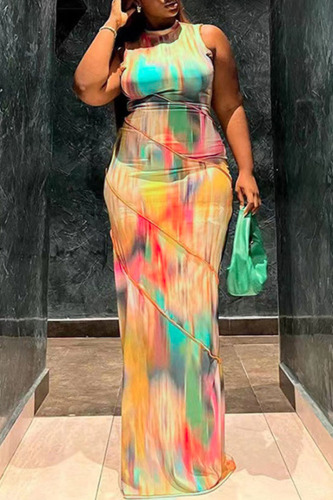 Colour Sexy Print Patchwork O Neck One Step Skirt Dresses