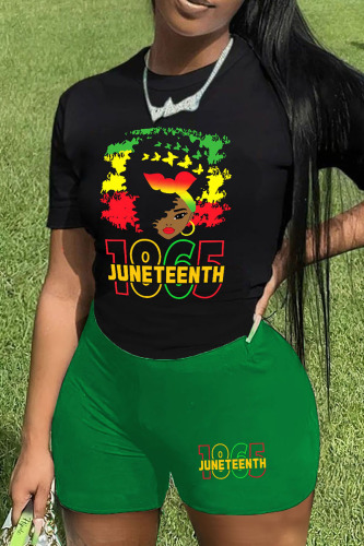 Black Green Casual Print Patchwork O Neck Short Sleeve Two Pieces