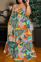 Orange Sexy Casual Print Backless Spaghetti Strap Long Dress Dresses