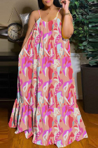 Pink Sexy Casual Print Backless Spaghetti Strap Long Dress Dresses
