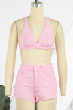 Pink Sexy Casual Solid Patchwork Backless V Neck Sleeveless Two Pieces