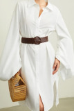 White Casual Solid Patchwork Buckle Without Belt Turndown Collar Shirt Dress Dresses(Without Belt)