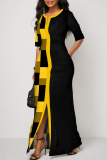 Yellow Casual Plaid Print Patchwork V Neck Straight Dresses