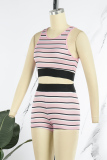 Pink Casual Sportswear Striped Print Basic O Neck Sleeveless Two Pieces