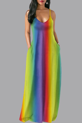 Yellow Blue Casual Gradual Change Pocket U Neck Sling Dress Dresses