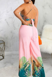 Orange Sexy Print Bandage Hollowed Out Patchwork Backless Sleeveless Two Pieces