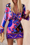 Colour Sexy Casual Work Print Buttons V Neck Long Sleeve Two Pieces