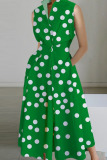Green Casual Print Patchwork Buttons Fold Mandarin Collar A Line Dresses