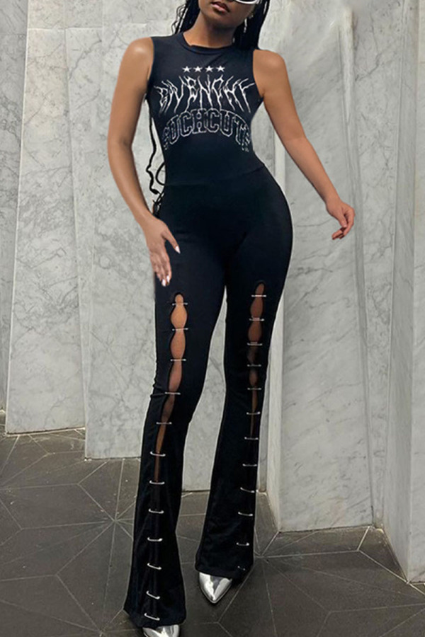 Black Street Print Hollowed Out Patchwork O Neck Boot Cut Jumpsuits