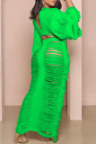 Green Sexy Solid Tassel Hollowed Out Patchwork Draw String Frenulum V Neck Long Sleeve Two Pieces