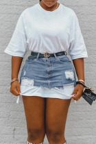 White Casual Street Solid Ripped Patchwork Without Belt O Neck Short Sleeve Two Pieces(Without Belt)