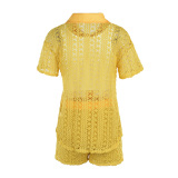 Yellow Casual Solid Hollowed Out Patchwork Buckle Turndown Collar Short Sleeve Three Pieces