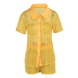 Yellow Casual Solid Hollowed Out Patchwork Buckle Turndown Collar Short Sleeve Three Pieces