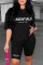 Black Casual Print Letter O Neck Short Sleeve Two Pieces