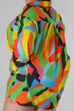 Green Casual Print Basic Shirt Collar Plus Size Two Pieces