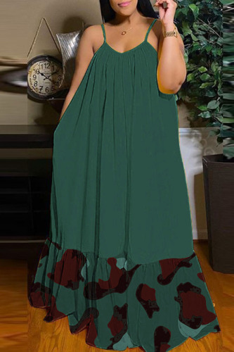 Army Green Casual Street Print Patchwork Spaghetti Strap Sling Dress Dresses