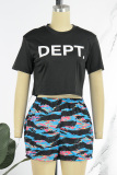 Black Street Print Letter O Neck Short Sleeve Two Pieces
