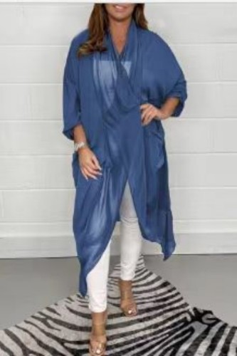 Blue Casual Solid Asymmetrical V Neck Tops