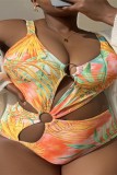Multicolor Sexy Print Hollowed Out V Neck Plus Size Swimwear (With Paddings)