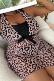 Leopard Print Sexy Print Patchwork Backless Halter Plus Size Swimwear (With Paddings)