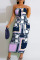 Navy Blue Sexy Print Bandage Patchwork Strapless Pencil Skirt Dresses