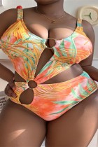 Multicolor Sexy Print Hollowed Out V Neck Plus Size Swimwear (With Paddings)