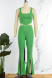Green Casual Solid Vests Pants U Neck Sleeveless Two Pieces