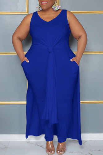 Blue Casual Solid Patchwork Slit V Neck Plus Size Two Pieces