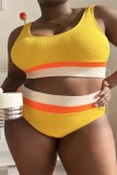 Yellow Sexy Solid Patchwork Backless Contrast O Neck Plus Size Swimwear