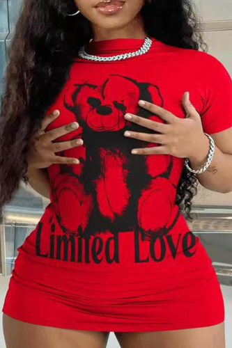 Red Sexy Casual Letter Animal Printing Half A Turtleneck One Step Skirt Plus Size Dresses