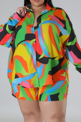 Green Casual Print Basic Shirt Collar Plus Size Two Pieces