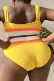 Yellow Sexy Solid Patchwork Backless Contrast O Neck Plus Size Swimwear