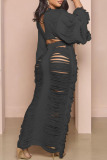 Black Sexy Solid Tassel Hollowed Out Patchwork Draw String Frenulum V Neck Long Sleeve Two Pieces