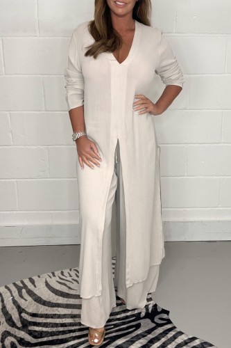Milky Casual Solid Slit V Neck Long Sleeve Two Pieces